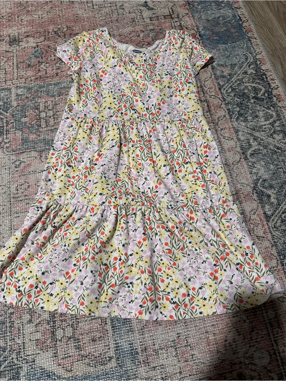 Old Navy Floral Tiered Short-Sleeve Dress in Pink & Yellow